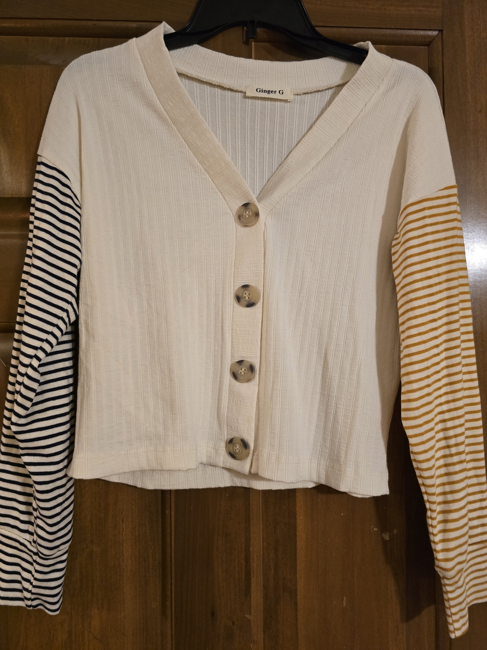 Ginger G Cream Button-Front Ribbed Cardigan with Striped Sleeves
